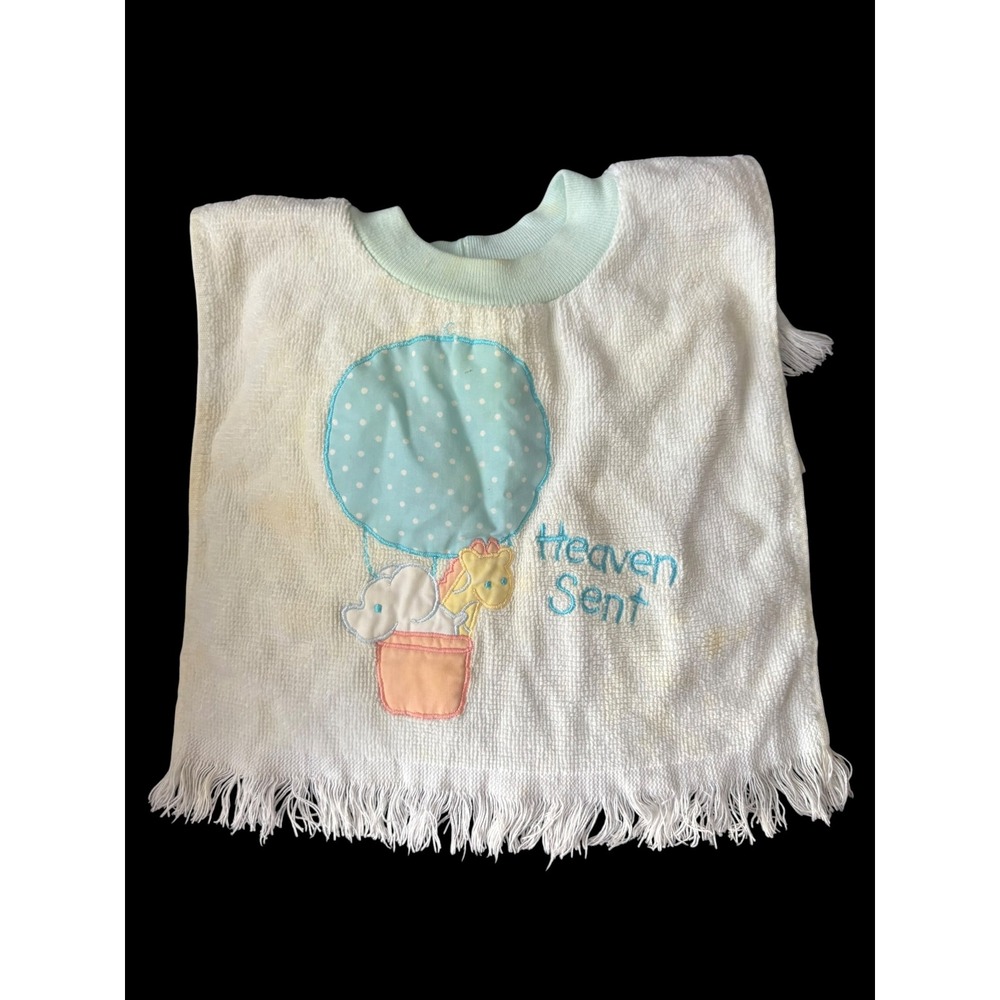Vintage Baby Bib Heaven Sent Giraffe Elephant Balloon Terry Cloth Fringe